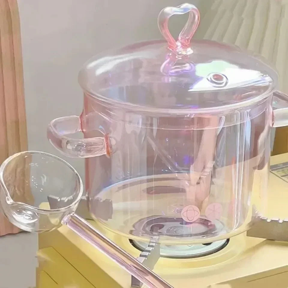 Pink Transparent Glass Pot for Cooking Heat-resistant Binaural Handle / Soup Bowl Kitchen Stock Pot