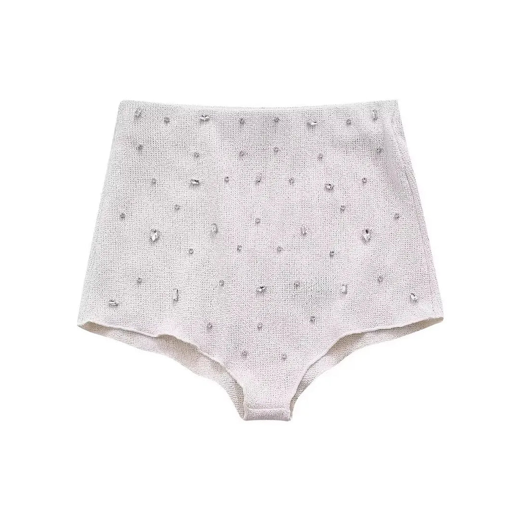 Diamond Women 2 Piece Set Luxury Knit Halter Backless Tank Tops+Shorts Casual Matching Streetwear Stretch Simple Suit