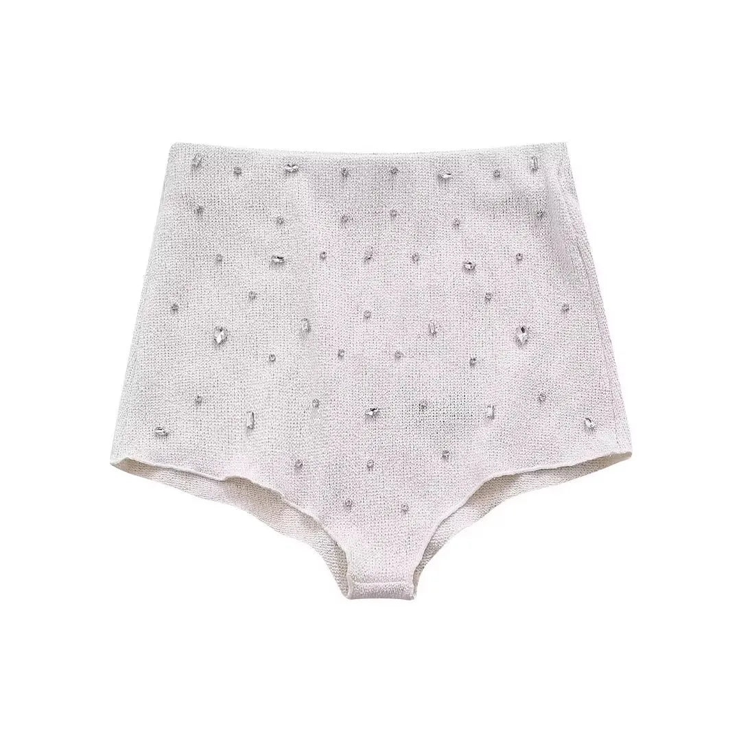 Diamond Women 2 Piece Set Luxury Knit Halter Backless Tank Tops+Shorts Casual Matching Streetwear Stretch Simple Suit