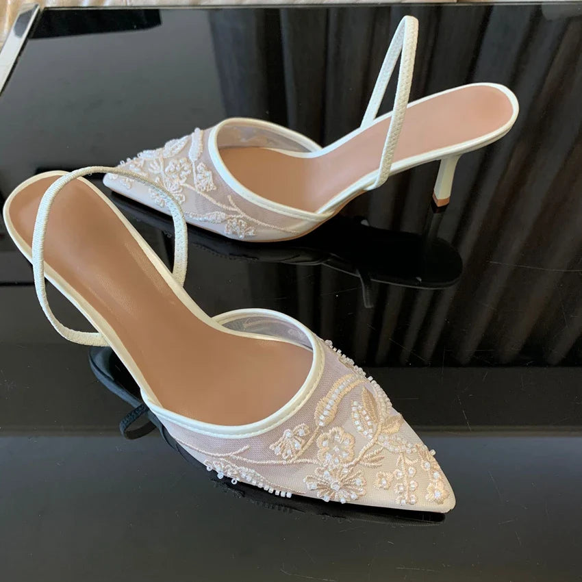 Brand Designer White Women Pumps Mesh Embroidered Flowers Back Strap Sexy Slingback High Heels
