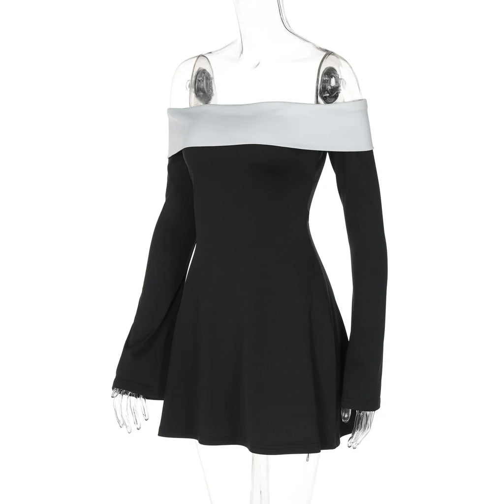 Off Shoulder Long Sleeves Slim Mini Dress Women's Sexy Elegant Outfit