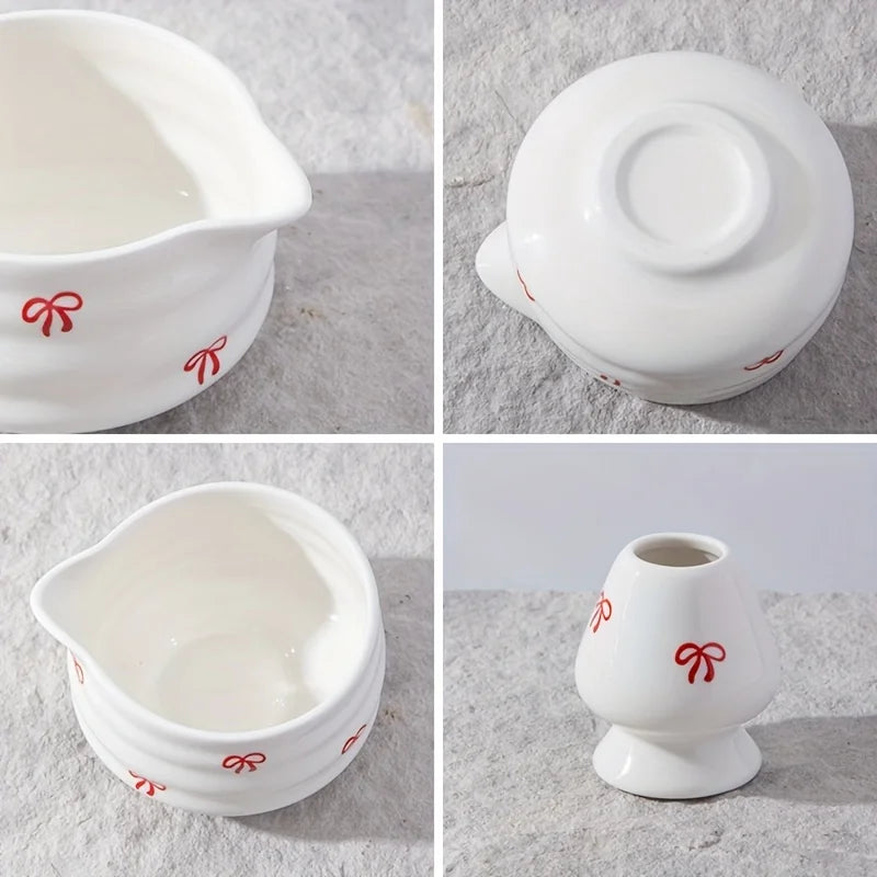 Red Bow Decal 5 Pieces Ceramic Matcha Set, Matcha Set Includes Matcha Bowl, Matcha Mixer and Holder, Bamboo Spoon