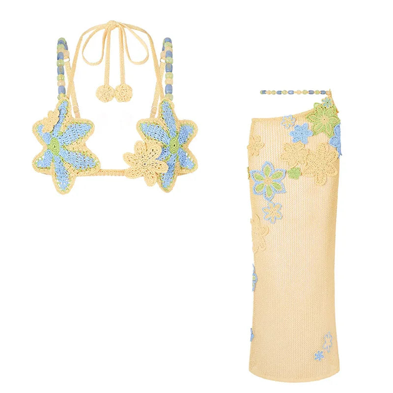 Sexy Beach Women's Set Beading Flower Crochet Crop Top Slim Maxi Skirt Female Suit Summer Hollow Out Knit Lady Dress Sets