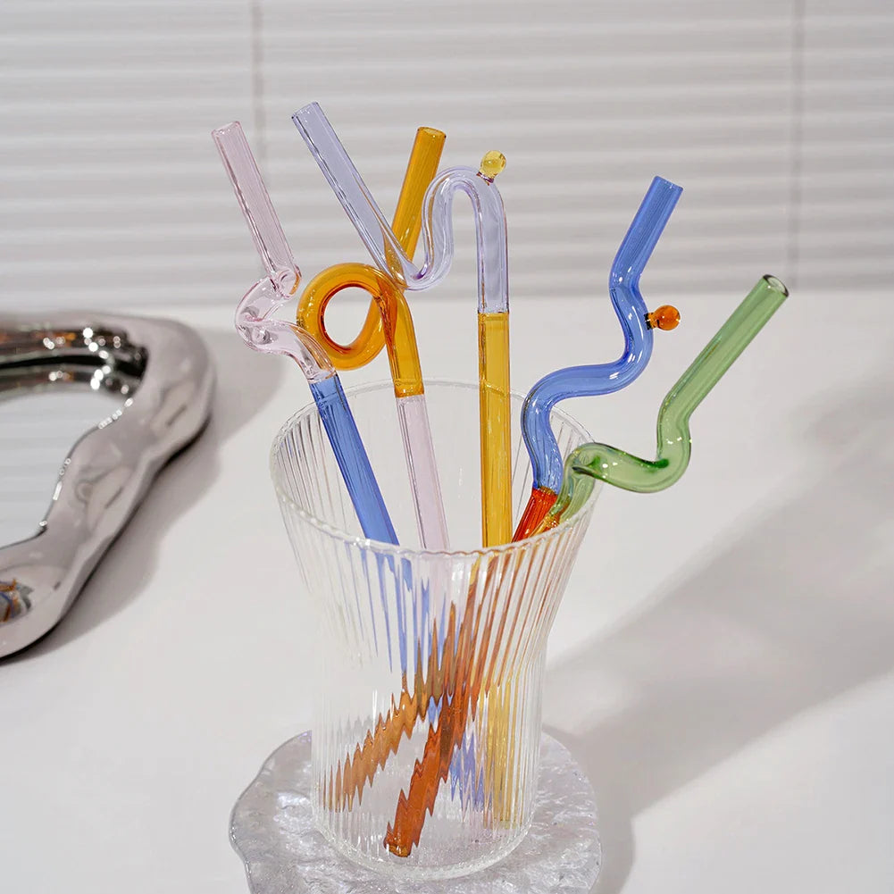 Color Glass Straw Straight Bend Straw Stick Color Contrast Reusable