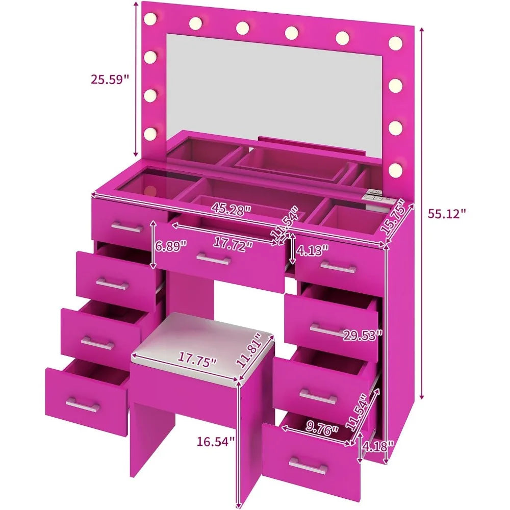 Makeup Table Vanity Desk with Mirror and Lights, Pink Makeup Vanity with  Stool, Drawers Mirror,Vanity Table with Stool