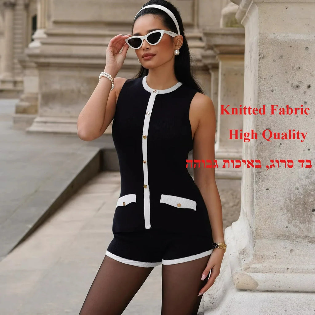 Women's Elegant Short Sets Sexy Fashion Patchwork Slim Knitted Holiday Outfits Summer Top and Mini Shorts Two Piece Set