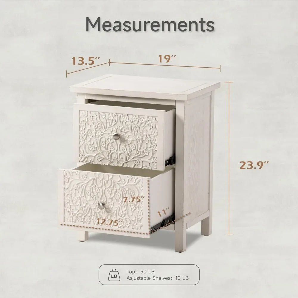French Country Modern Set of 2 Farmhouse Style Fully-Assembled Nightstand with 2-Drawer, Flower Motif End Table for Small Spaces