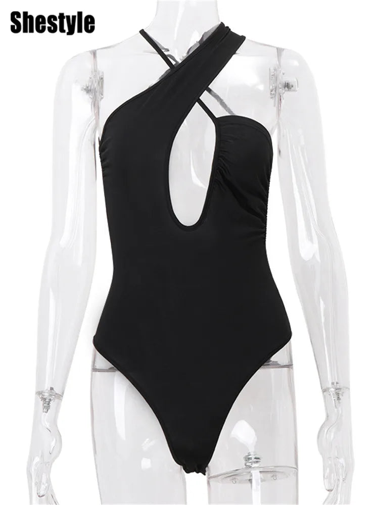 Cross Spaghetti Strap Black Bodysuit Women Cleavage Backless Sexy Solid Camisole Thong