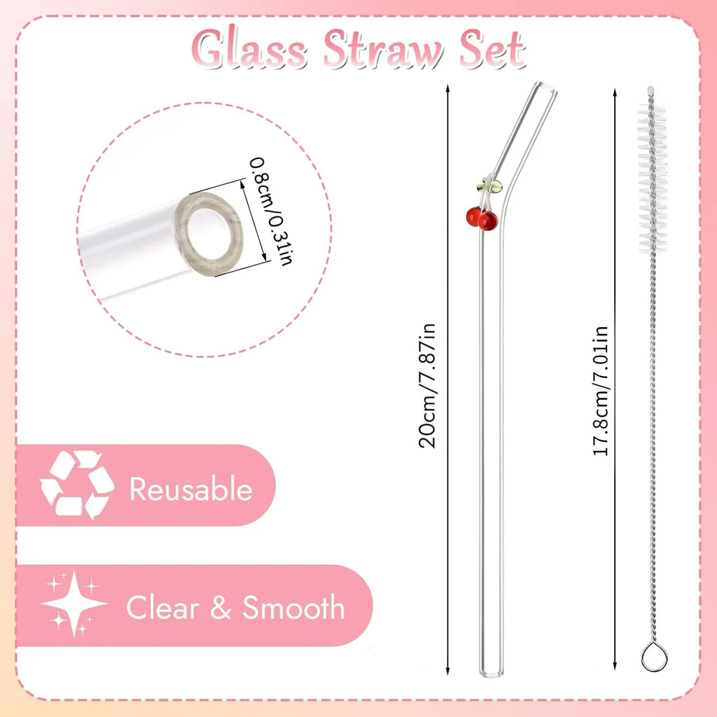 Cherry Design Reusable Straws Clear Glass Straws Colorful with 1 Cleaning Brush