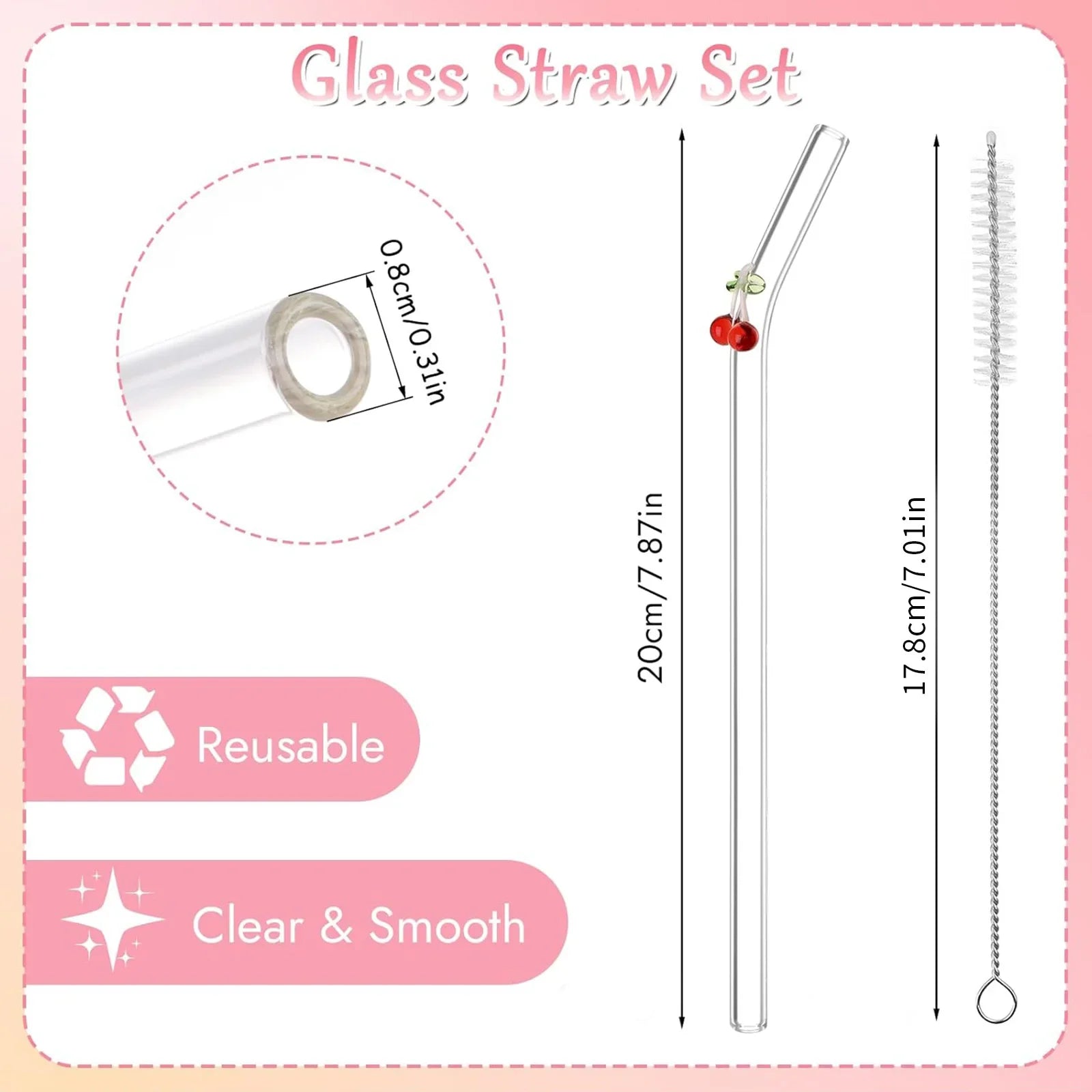 Cherry Design Reusable Straws Clear Glass Straws Colorful with 1 Cleaning Brush