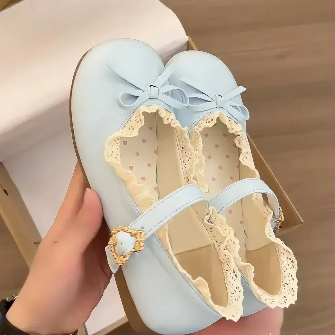 Original Lolita Flat Shoes with Butterfly Knot Soft Bottom Round Head Single Lined Women's High Heel