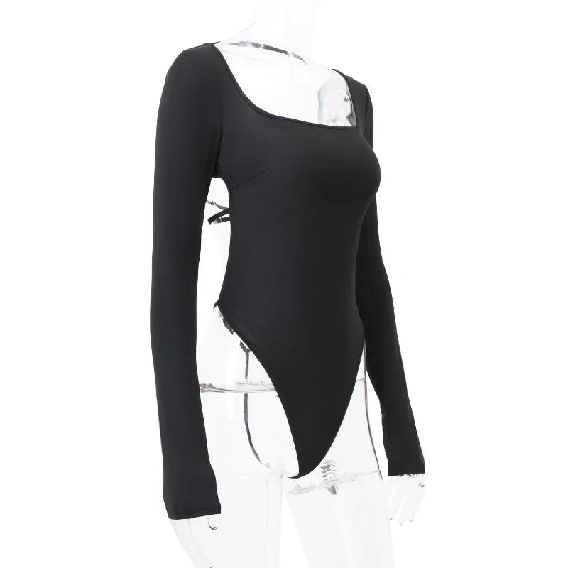 Sexy Lingerie Solid Backless Bodysuit Y2K Square-neck Long Sleeve Bodycon