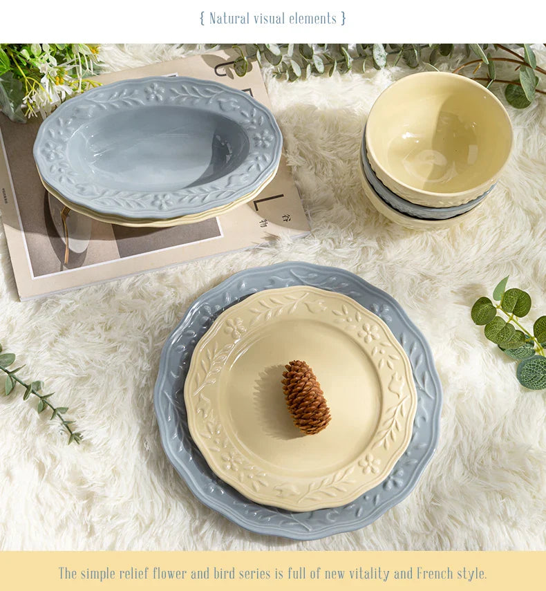 Glossy Solid Ceramic Serving Plate Floral Print Cute Bowl Versatile Dishes Simple Kitchen Tablewares