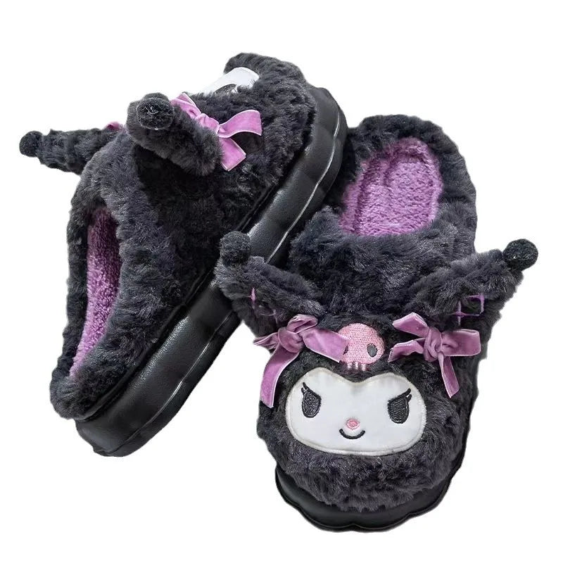 Kuromi Cotton Slippers For Women's Autumn And Winter Home Anti Slip Cute Student Cartoon Plush Cotton Shoes Thickened