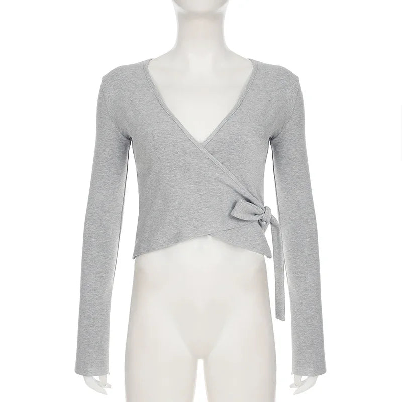 Fashion Drawstring High Waist Trousers Set Lace Up Flared Sleeve V Neck Twist Tops Plush Loose Pants Suit