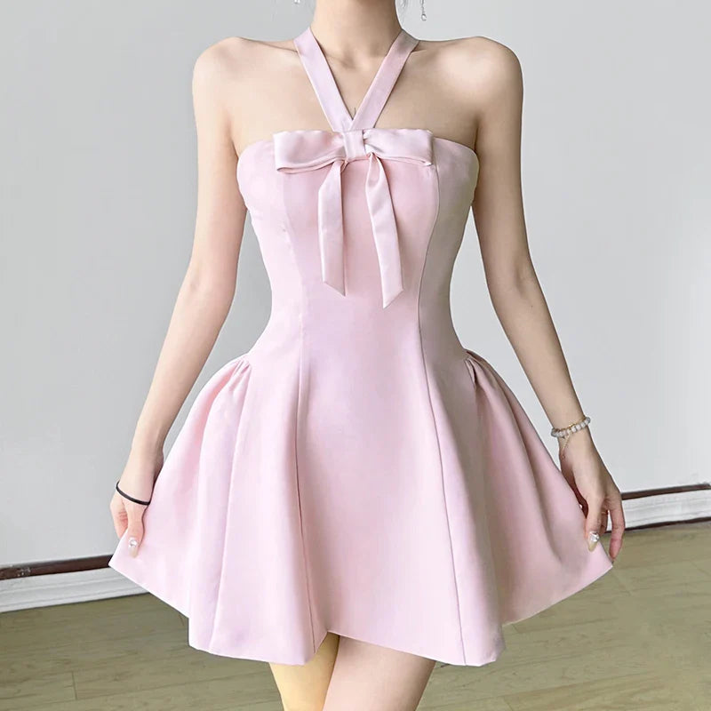 Dress Pink Coquette Aesthetic Puffy Bow Halter-neck A-line Mini Dress