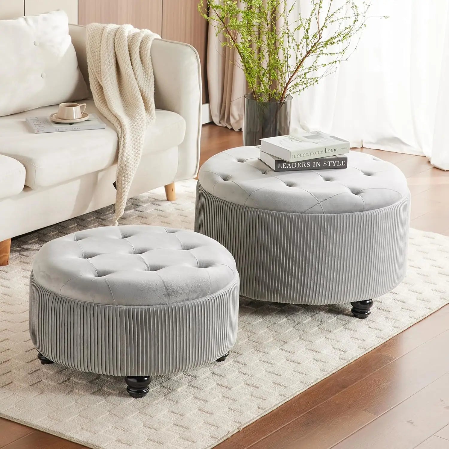 Round Ottoman with Storage Set of 2 Upholstered Velvet Vanity Stool for Living Room Ottomans Multifunctional Foot Rest