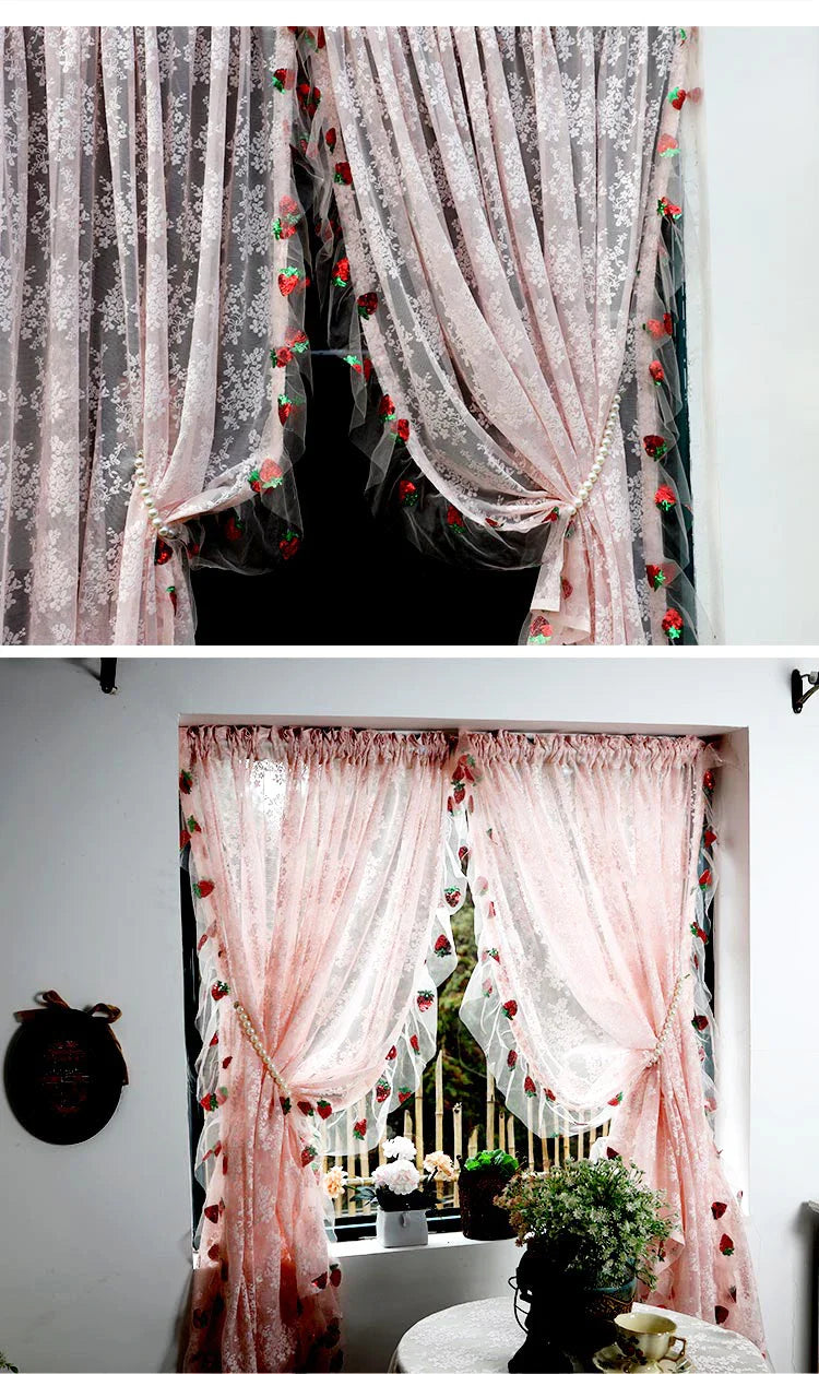 French Pink Lace Cute Strawberry Sequin Lace Curtains