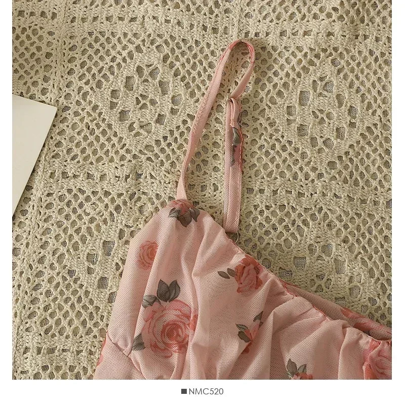 Girls Sweet Ruffles Mesh Camisole Top Lady Camis Sleeveless Printed Floral T shirts Stretch Slim Tanks For Slim Women