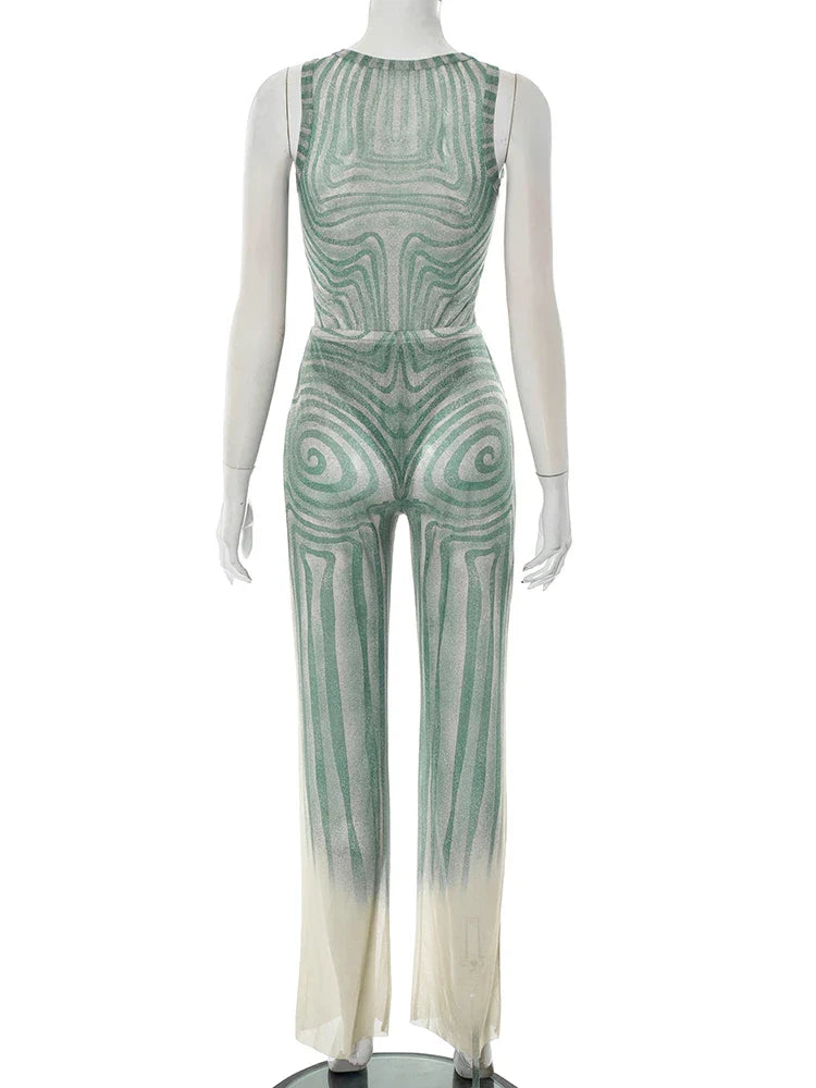 Geometric Print Patchwork 2 Piece Set Women o-Neck Skinny Bodysuit+Wide-leg Trousers Sexy Outfits