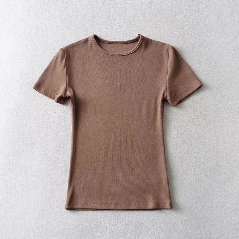 Summer Woman Skinny Fit T-shirt Tight Short-Sleeve O-neck Tee Basic Solid Crop Tops T Shirt