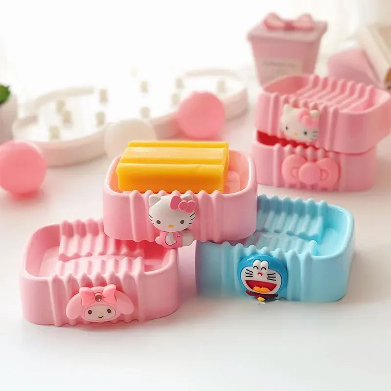 Sanrio Kawaii Hello Kitty Soap Tray Cartoon Soap Dish Non-slip Drain Travel Home Bathroom Soap Box Bathroom Accessories