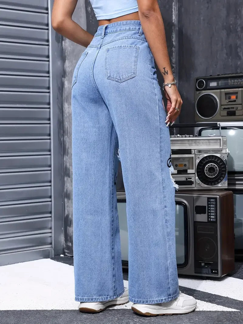 Women's High Waist Button Up Butterfly Print Chic Ripped Jeans