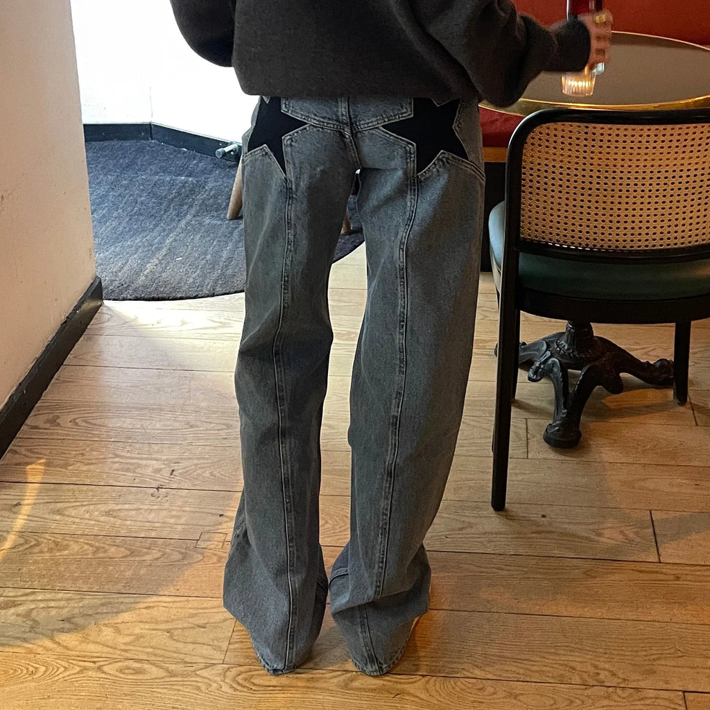 Women's Y2K Vintage Jeans Aesthetic Star Pattern Print Loose Straight Leg Denim Long Pants Casual Low Waist Trousers