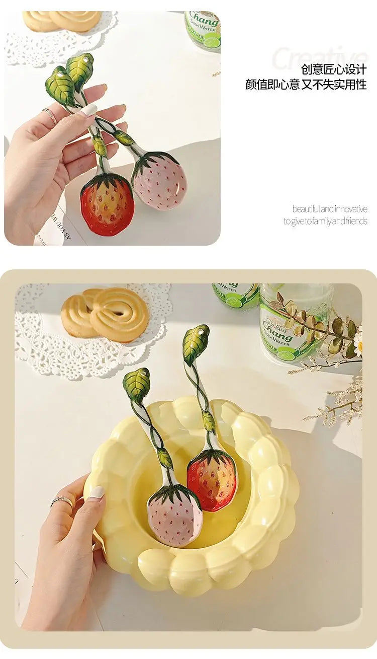 Strawberry Ceramic Spoon, Watermelon Panda Underglaze Household Cute Long Handle Children Eat Dessert Spoons Tableware