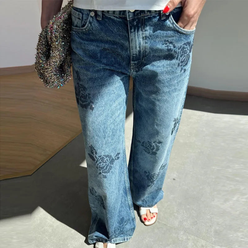 Vintage Floral-Shaped Diamond Light Blue Women Flared Denim Jeans High Waist Baggy Dragging Pants Inspired Fashion Chic Casual