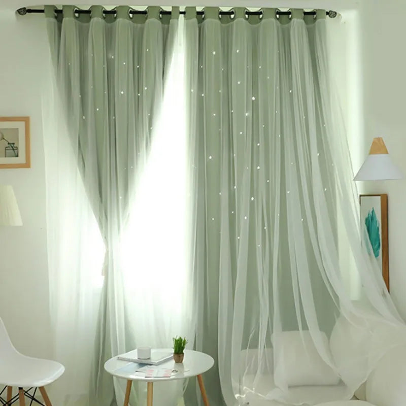 Double-Deck Princess Curtains for Living Room Hollow Stars Lace Curtain for Bedroom Shade Curtain Tulle Cloth