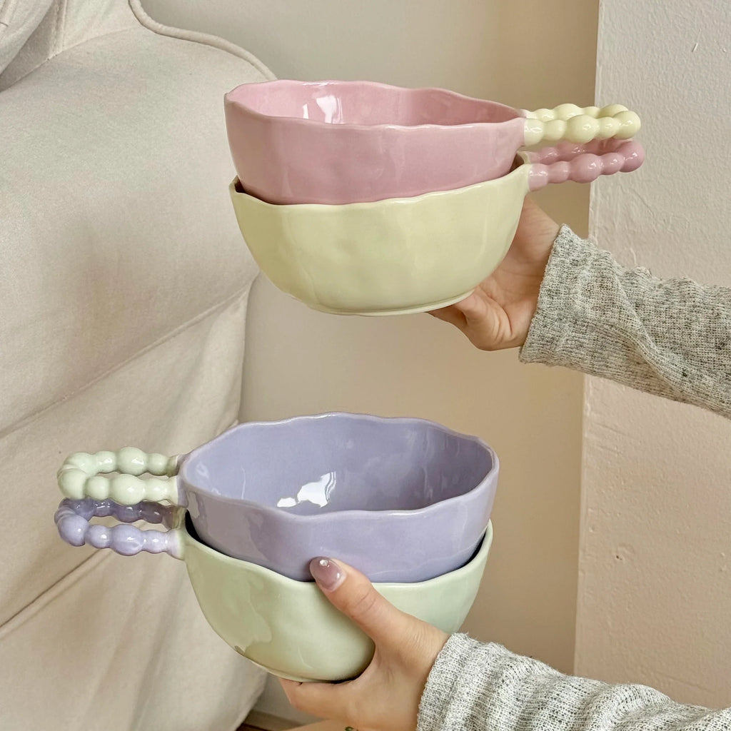 High Beauty Ceramic Instant Noodle Bowl with Pearl Handle Home Irregular Shape Cute Yogurt Bowls Fruit Dessert Tableware