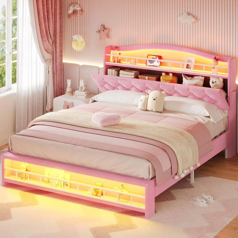 Pink Full Size Girls Bed with LED Lights & Charging Station, Princess Full Size Bed Frame with Hidden Storage Headboard