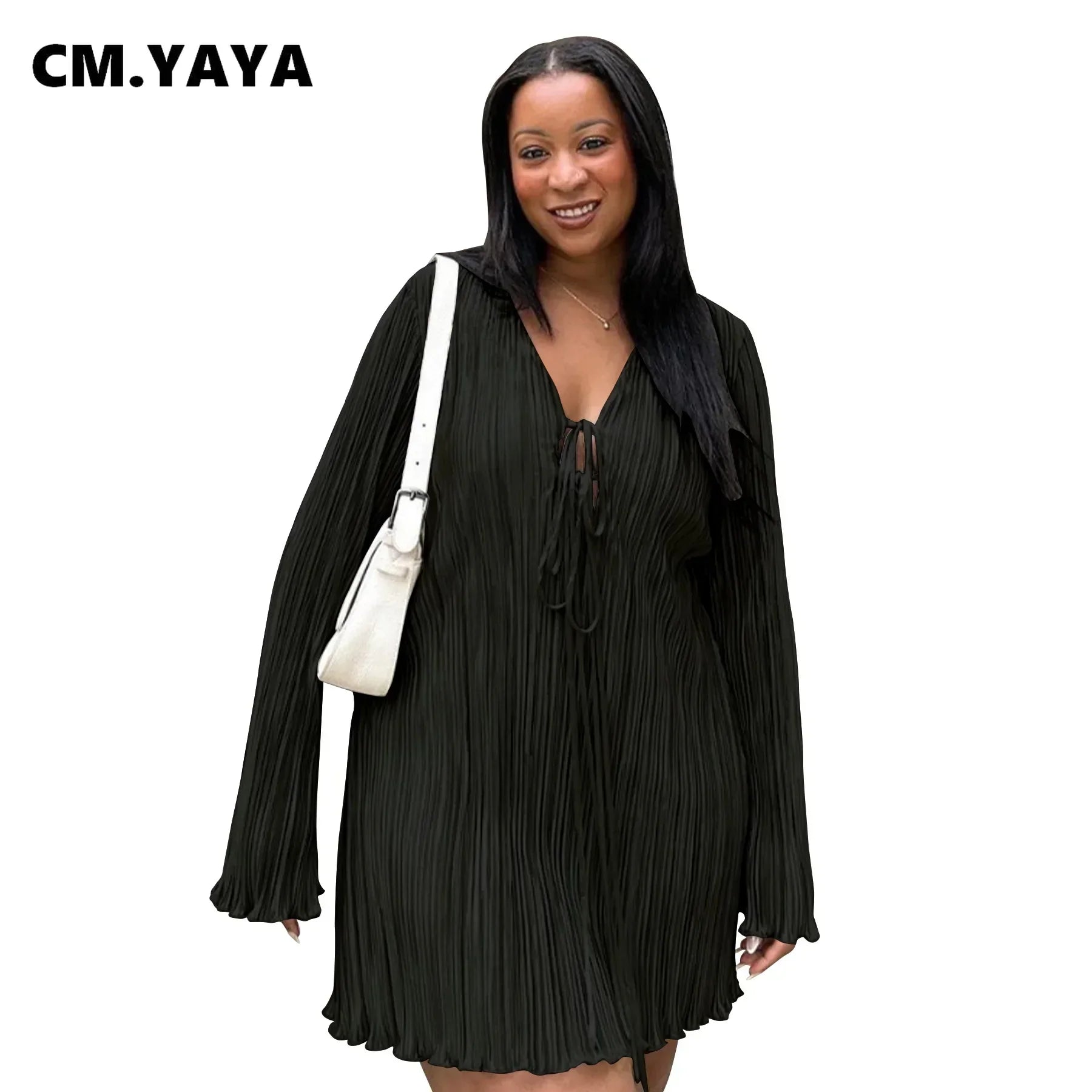 Long Sleeve Women V-neck Pleated Dress Casual Streetwear Plus Size Mini Dresses Party Casual