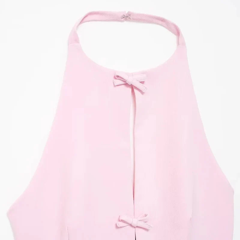 Lady Bow Two Piece Set Backless Halter Women Top And Mid Waist Skirt - New In Summer Fashion Casual Office Lady Set
