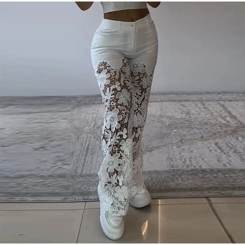 Vintage Hollow Out Lace Flowers Lady Jeans Loose Straight Denim Pants High Street Elegant Summer New Trousers Chic Fashion Pant