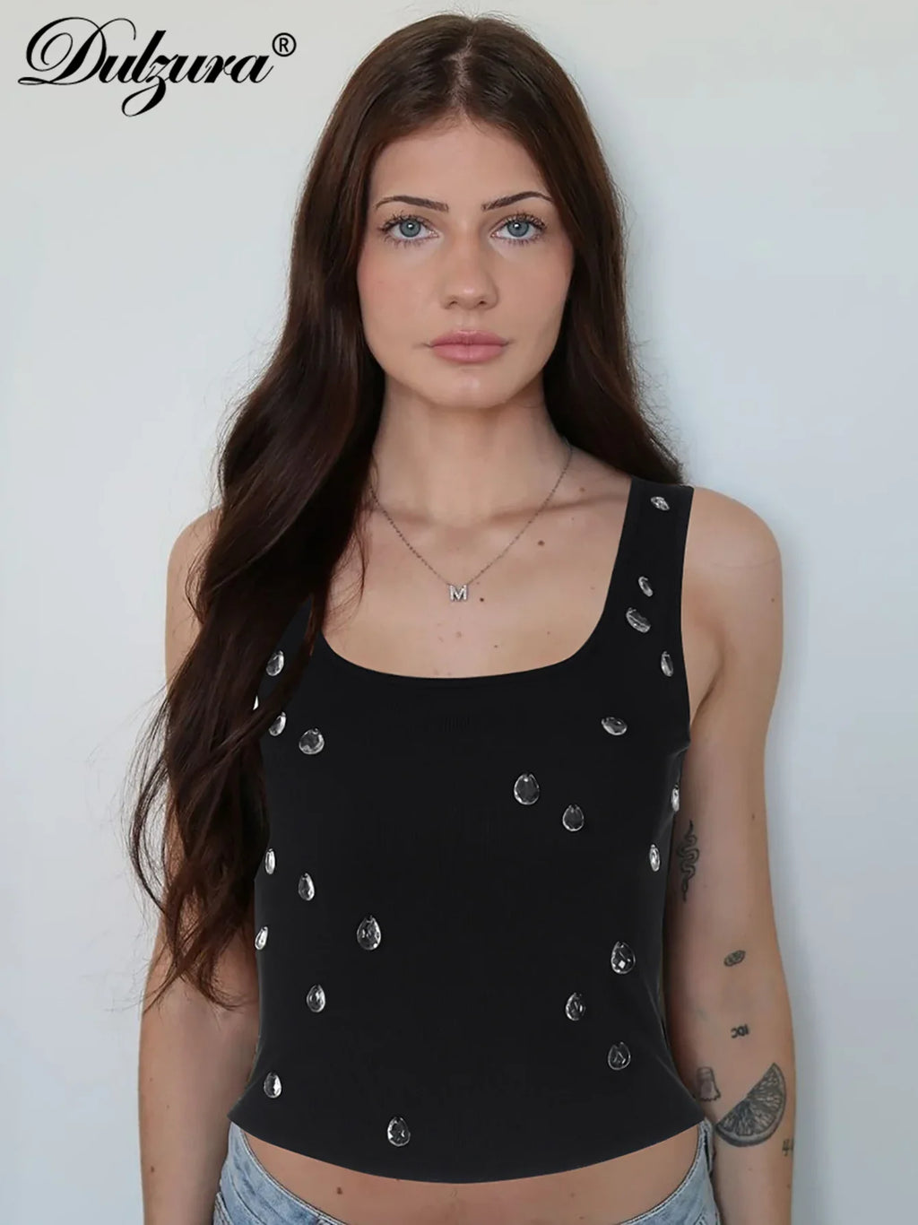 Ribbed Sleeveless Water Droplets Diamond Decorated Tank Sexy Casual Bodycon Top Party Club Streetwear Spring Summer