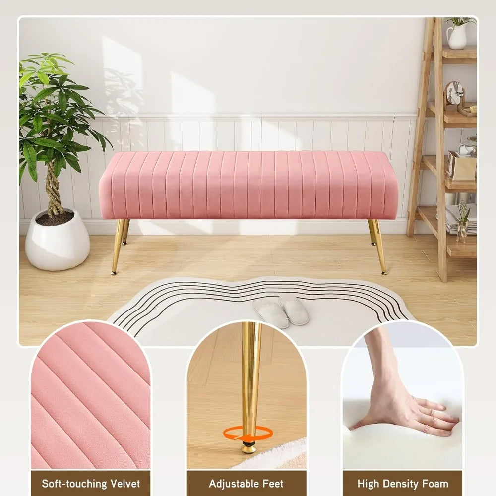 Pink Velvet Ottoman Bench, Modern Upholstered Bedroom Benches Footrest Stool Indoor Bench for Entryway Living Room Bedroom 44 Inch
