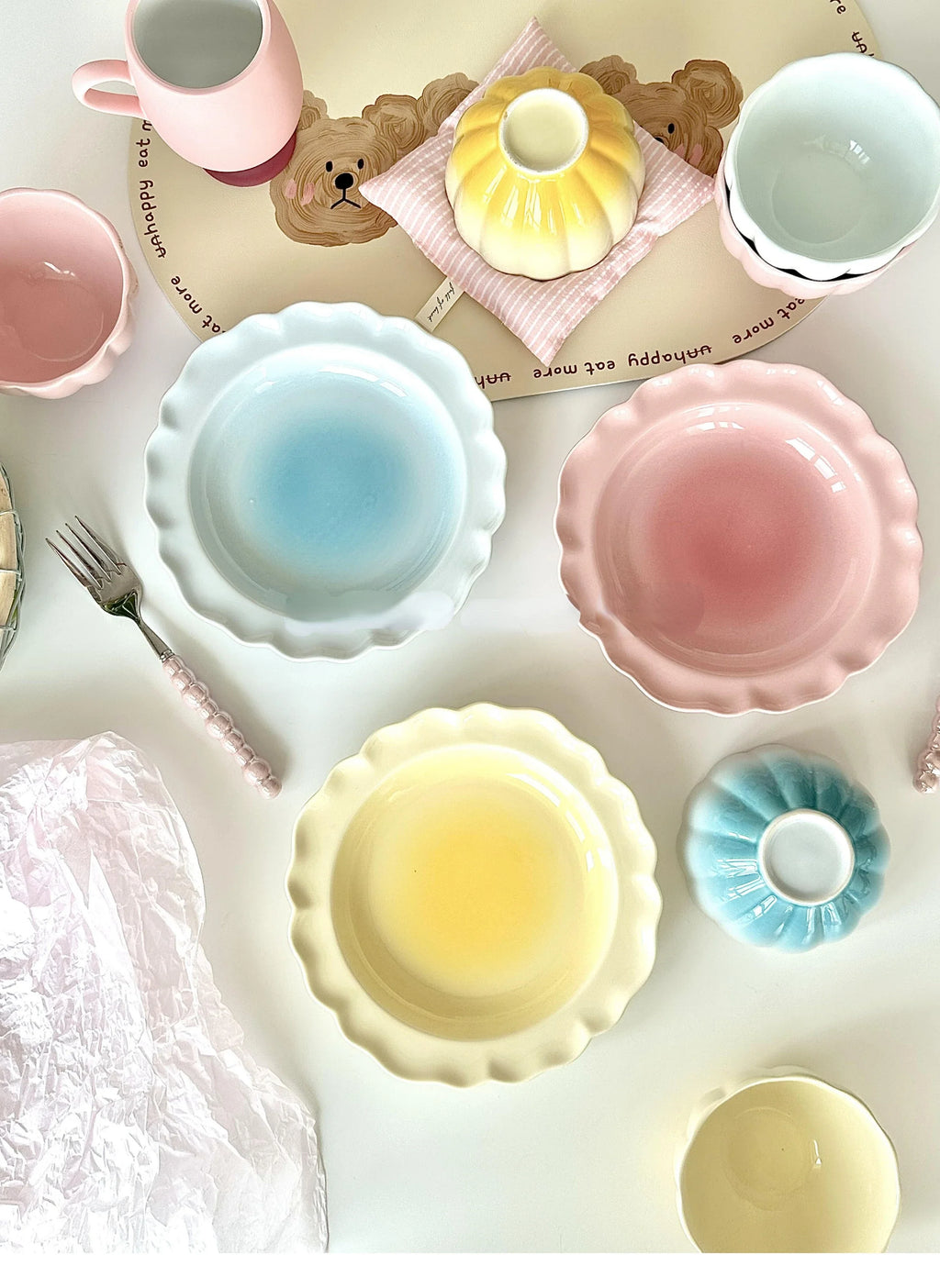 Cute Blush Gradient Plate Dessert Fruits and Vegetables Plate Yogurt Rice Bowl Underglaze Ceramic Tableware Set