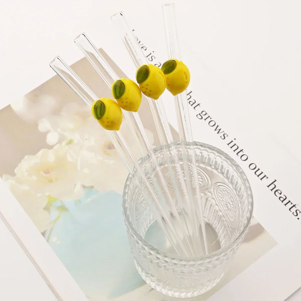 Lemon Glass Bent Straw Set with Brush 2/4/6/8pcs Drinkware