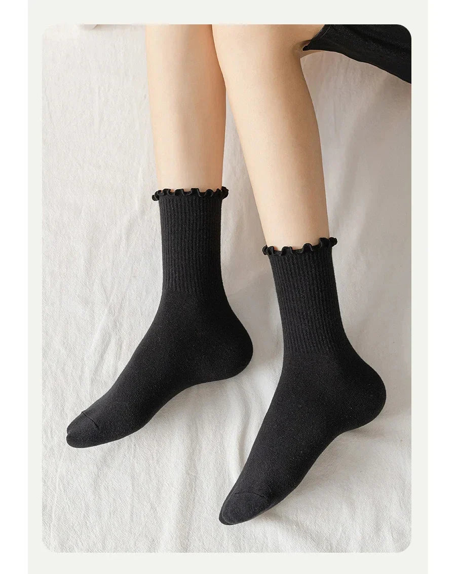 Pairs Lot Socks for Women Ruffle Middle Tube Ankle Short Breathable Black White Set Spring Autumn