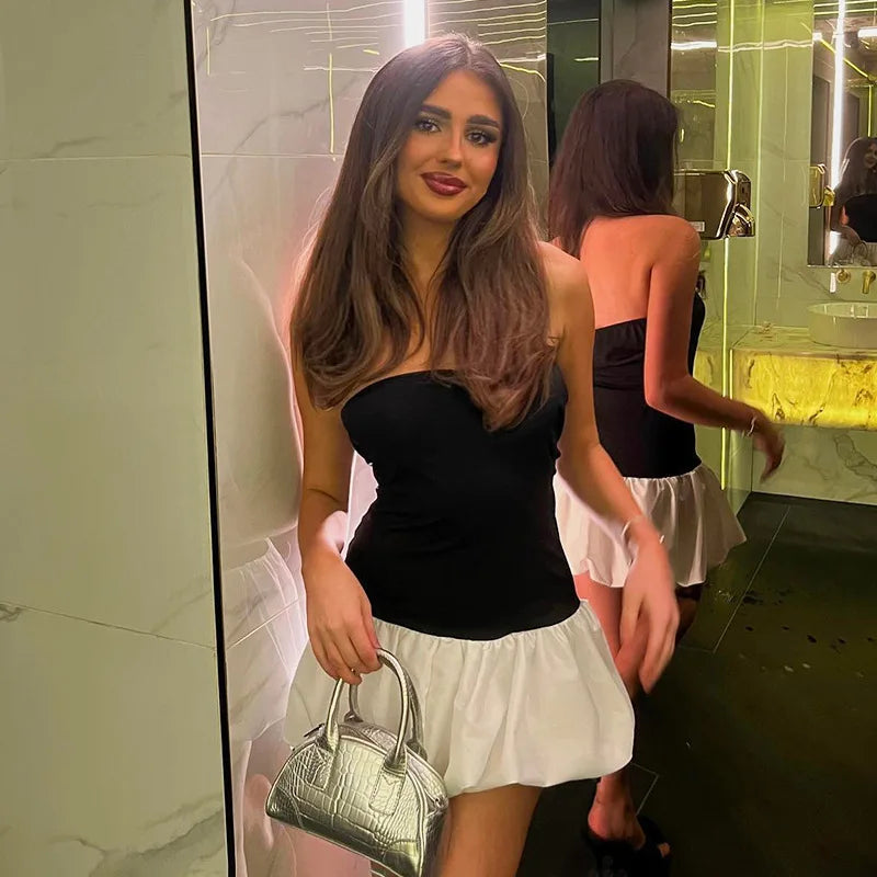 Contrast Color Mini Folds Dress For Women Strapless Sexy Slim Sleeveless Ruched Splice Y2K Beach Female Club Party Dress
