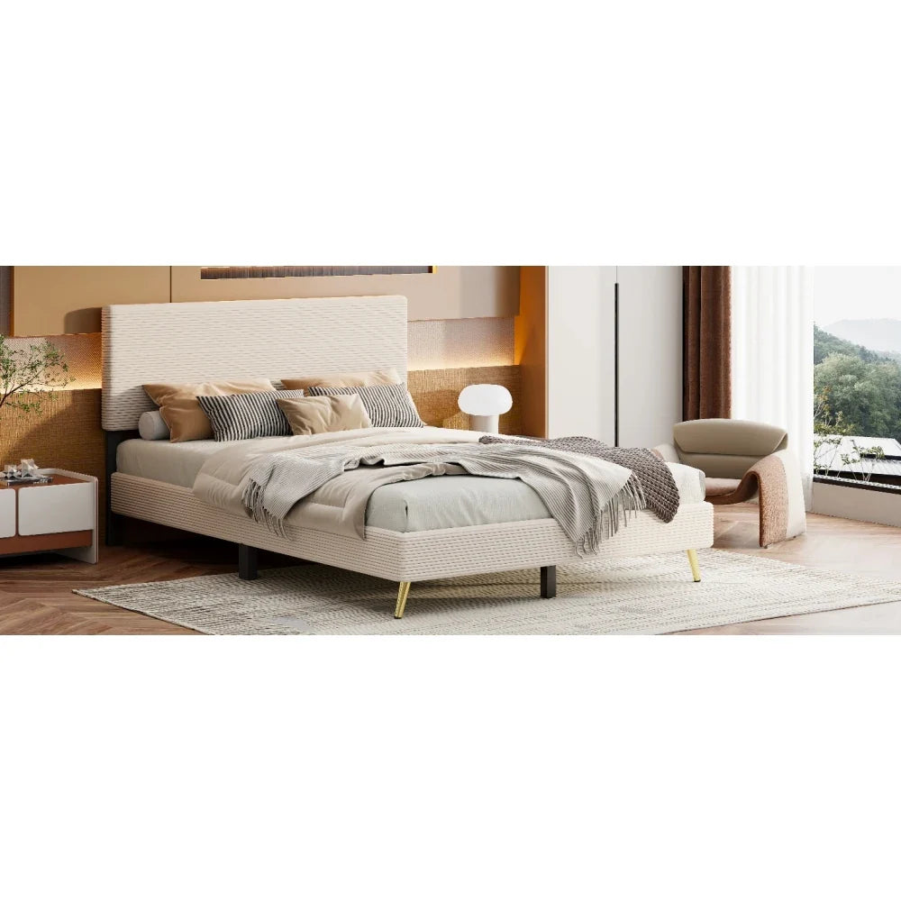 Pink 2 Pieces Bedroom Sets Queen Size Upholstered Bed Frame, Modern Corduroy Storage Ottoman