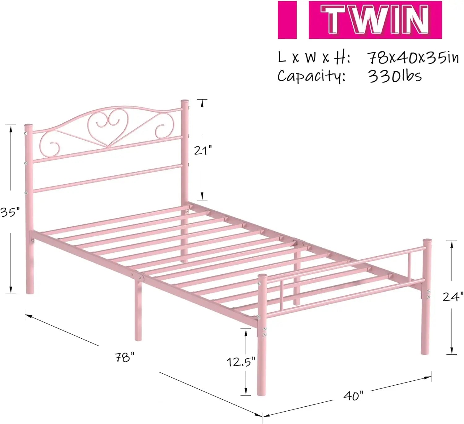 Pink Twin Size Metal Platform Bed Frame with Headboard and Footboard, Heavy Duty Mattress Foundation with Steel Slats Support 14 Inch
