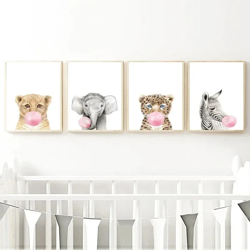 Kawaii Pink Bubble Gum Wall Art Canvas Painting Giraffe Poster Nursery Print Nordic  Animal Kids Pictures Baby Room Decor Tiger