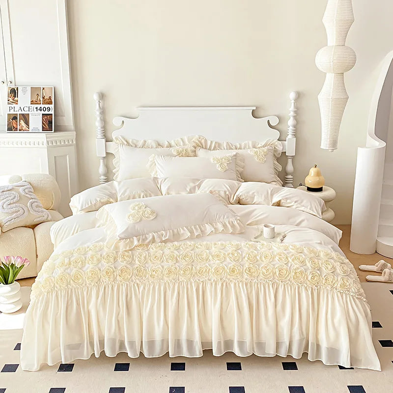 Soft Three-dimensional Flowers Embroidery Lace Ruffles Princess Bedding Set Duvet Cover With Pillowcases
