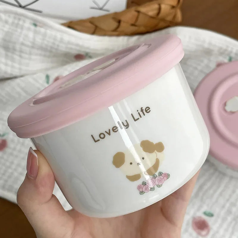 Cute Ceramic Snack Bowl with Lid, Exhaust Hole, Sealed and Fresh-keeping Bowl, Small Lunch Box for Steaming and Cooking