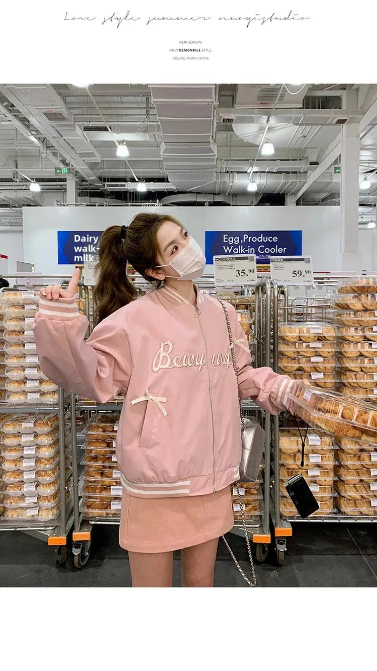 Sweet Butterfly Knot Pink Baseball Jacket Women's Spring Autumn Casual Loose Fit round Neck Full Sleeve Fashionable Coat