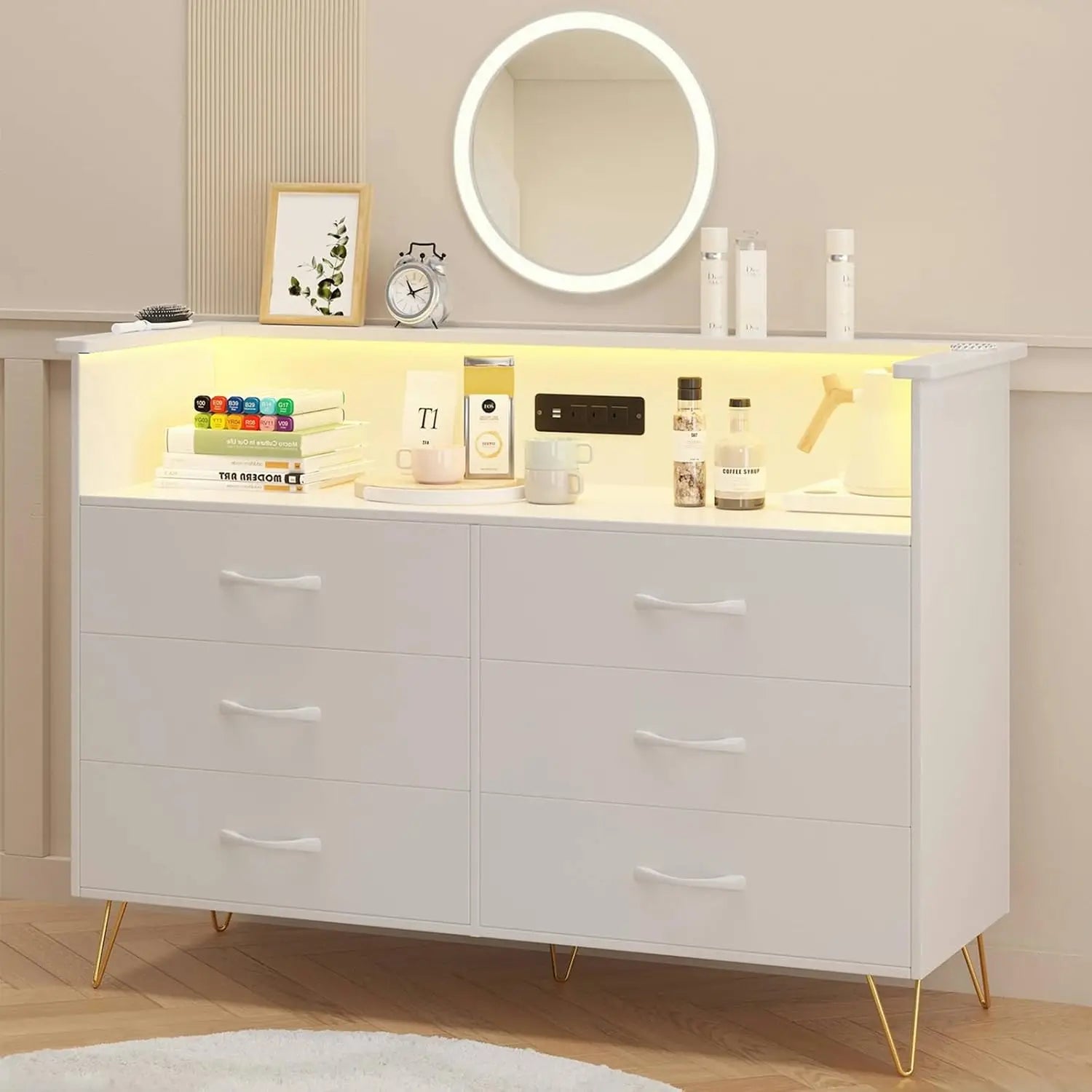 New Dresser with LED Light for Bedroom 6 Drawer Dressers with Charging Station Chests of Drawers Sturdy Steel Frame Wooden Top