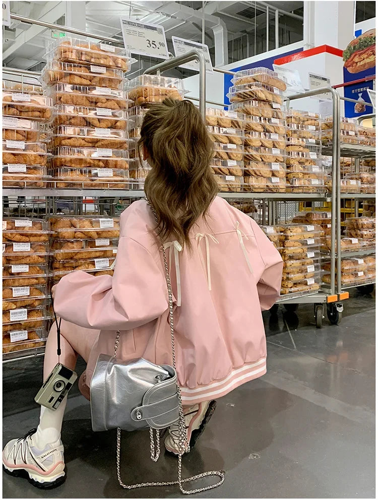 Sweet Butterfly Knot Pink Baseball Jacket Women's Spring Autumn Casual Loose Fit round Neck Full Sleeve Fashionable Coat